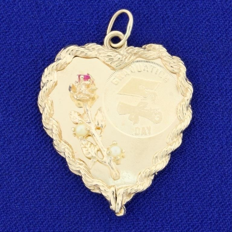 Graduation Day Ruby and Pearl Heart Pendant Inscri