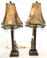 Pair of Buffet Lamps with Beaded Shades & Figural