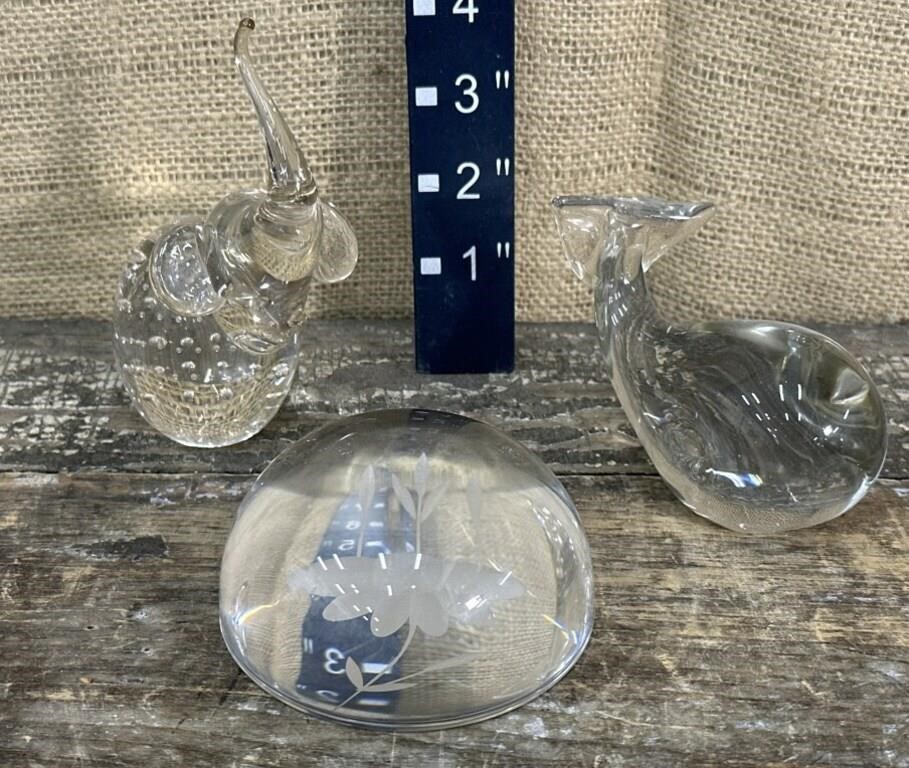 3 glass paperweights- elephant, whale, flower