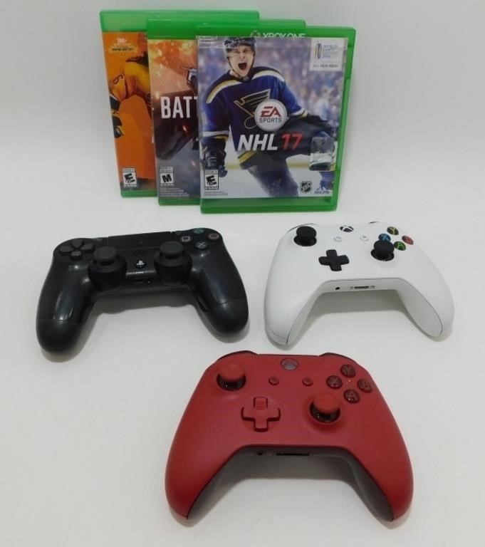 Group of 3 Video Game Controllers & 3 Xbox One