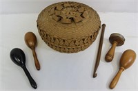 Vintage Sewing Basket, Wood Darners, Crochet Hook