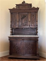 Antique Henry II Hunt Cabinet w/ Granite Top & Key