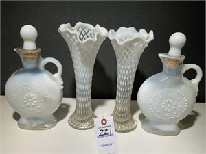 2 Northwood Diamond Point Vases & 2 Jim Beam