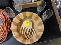 Wooden Salad Bowl with Tongs and & Champagne