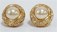 Vtg Signed ROMAN Faux Pearl, Rhinestones Earrings