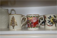 Lenox coffee mugs, wood salad bowls, glass cake