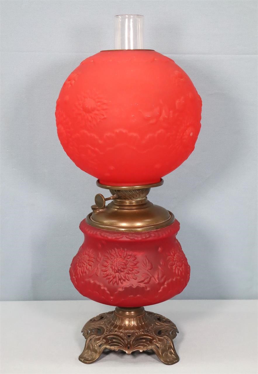 Victorian Red Satin Glass GWTW Parlor Lamp