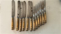 12 Antique horn handle knives and forks, all