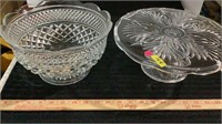 Etched glass fruit bowl and cake plate