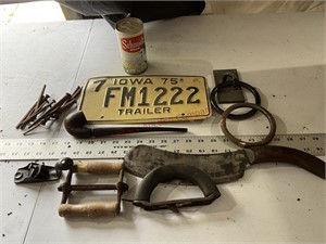 Pipe, license plate, square nails, misc
