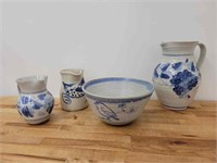 (4) Four Piece Lot of Blue Painted Stoneware