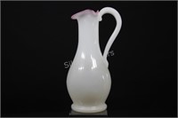Milk Glass Tall Water Pitcher with Pink Rim