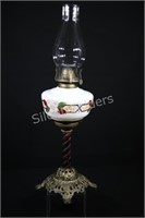 Brass & Wood Column Painted Milk Glass Lamp