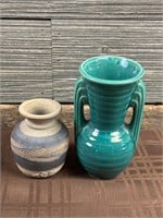 2pc Pottery Lot Hand Signed Vase & USA Vase