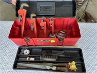 Tool Box, Pipe Wrench Set, Files, Etc.