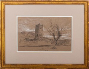 Elihu Vedder "Tower in a Landscape" Charcoal