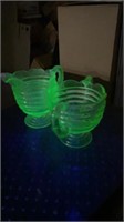 UV green depression glass cream and sugar pourers