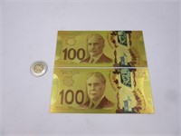 2 billets 100$ Canada plaqués or ** Aucun cours