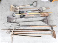 (12) Assorted long handle tools, flat shovel,