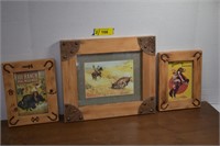 Three Western Framed Prints. One w/Cowhide Trim