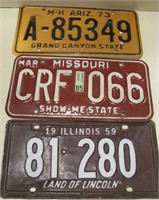 3 Vintage License Plates - AZ, MO & IL