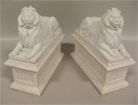 Pair Of Lions On Bases Stone Carvings - 7" Tall