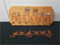 Vintage wooden wall hooks and cast iron bird wall