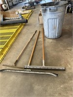 3 squeegees, plastic trash can