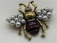 Figural Beetle Pin w/ Faux Pearls & Rhinestones