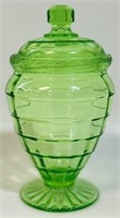 LOVELY VINTAGE GREEN URANIUM GLASS COVERED DISH