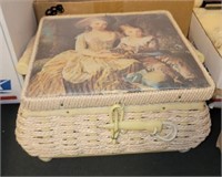 VTG SEWING BOX W/CONTENTS, BUTTONS, NEEDLES, &