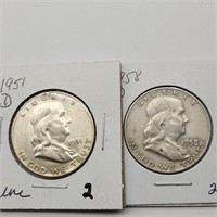 1951 D & 1958 D FRANKLIN SILVER HALF DOLLARS