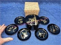 Japanese black lacquer hand painted box w/coasters