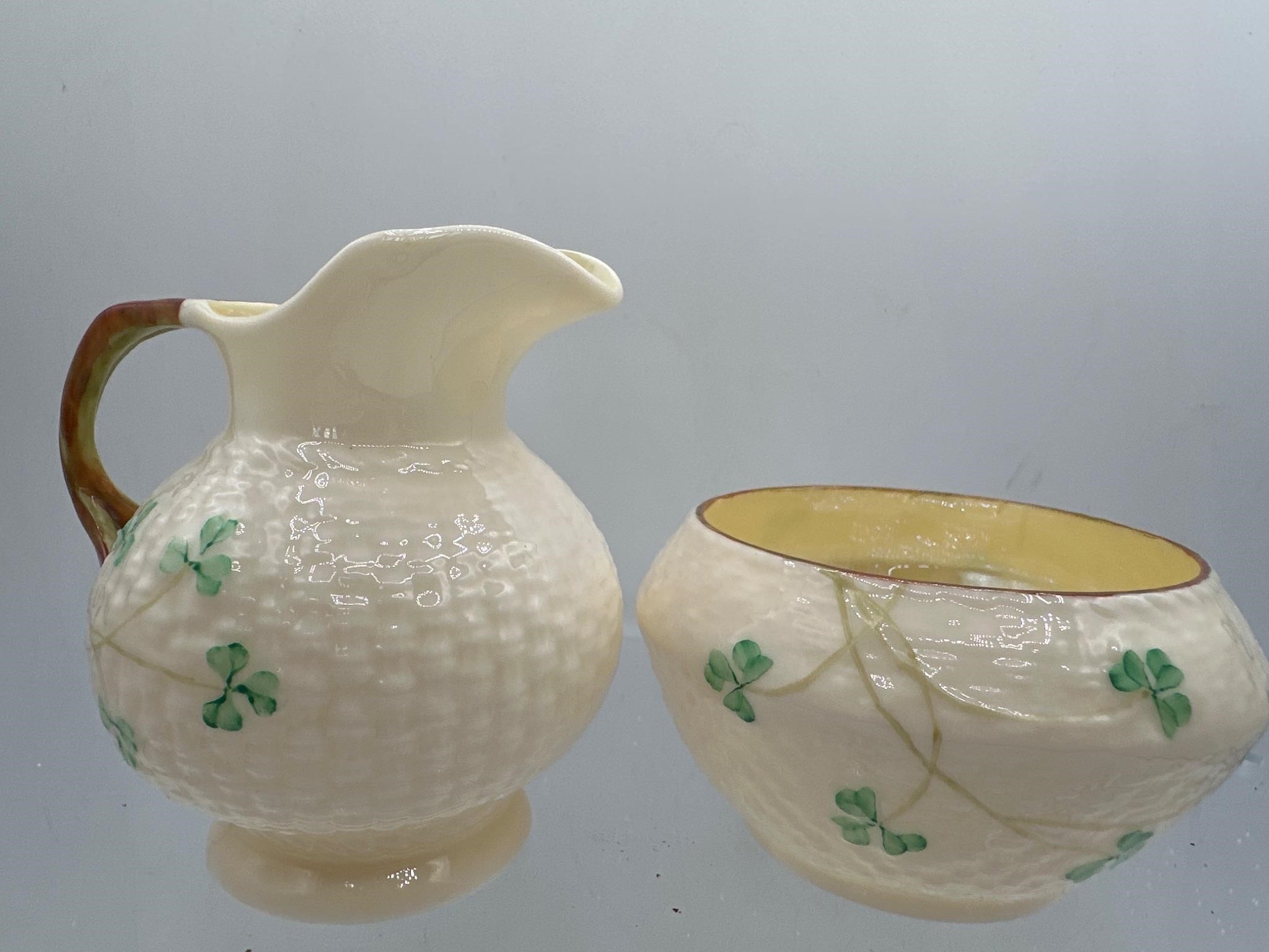 Belleek shamrock creamer and sugar