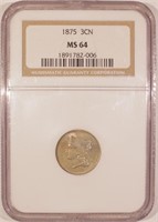 Very Choice Mint State 1875 Nickel Three-Cents
