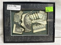 Framed tore up $100 bill artist signed art -