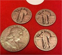 1962 1/2 Dollar, (3) Standing Liberty Quarters