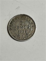 1938 Newfoundland 5 Cent Silver Coin