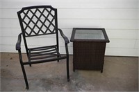 Wrought Iron Patio Chair & Wicker Side Table