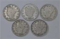 5 - Liberty Head V Nickels (88,94,01,08,10)