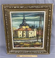 Signed Town Scene Oil Painting
