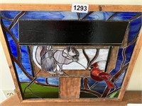 Stained Glass Squirrel & Cardinal @ bird feeder,