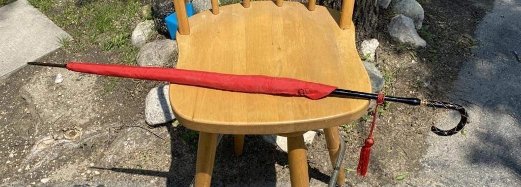 Vintage Red Canopy Umbrella with Bamboo Handle