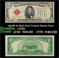 1928B $5 Red Seal United States Note Grades vf++