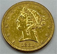 1881 $5 Gold Liberty Coin