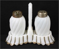 Vintage Milk Glass Salt & Pepper w Holder