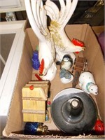 (2) Ceramic Roosters, Bird Figurines, S&P Shakers,