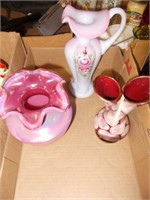 Gold Trim Double Top Vase, Pink Vase w/Handle,