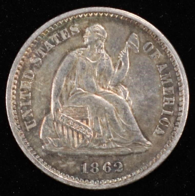 1862 SEATED LIBERTY HALF DIME CH AU