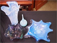 Four pieces of contemporary blue art glass: